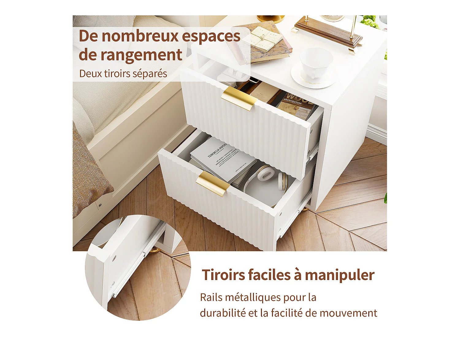 Lot De 2 Table de Chevet, Table de Nuit avec 2 tiroir en Bois Moderne pour Chambre à Coucher, Salon