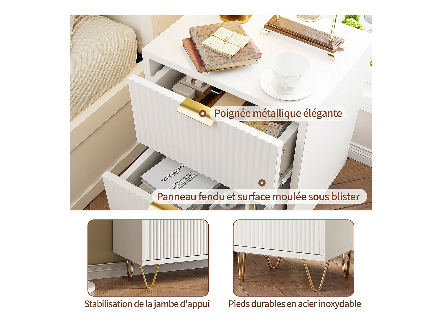 Lot De 2 Table de Chevet, Table de Nuit avec 2 tiroir en Bois Moderne pour Chambre à Coucher, Salon