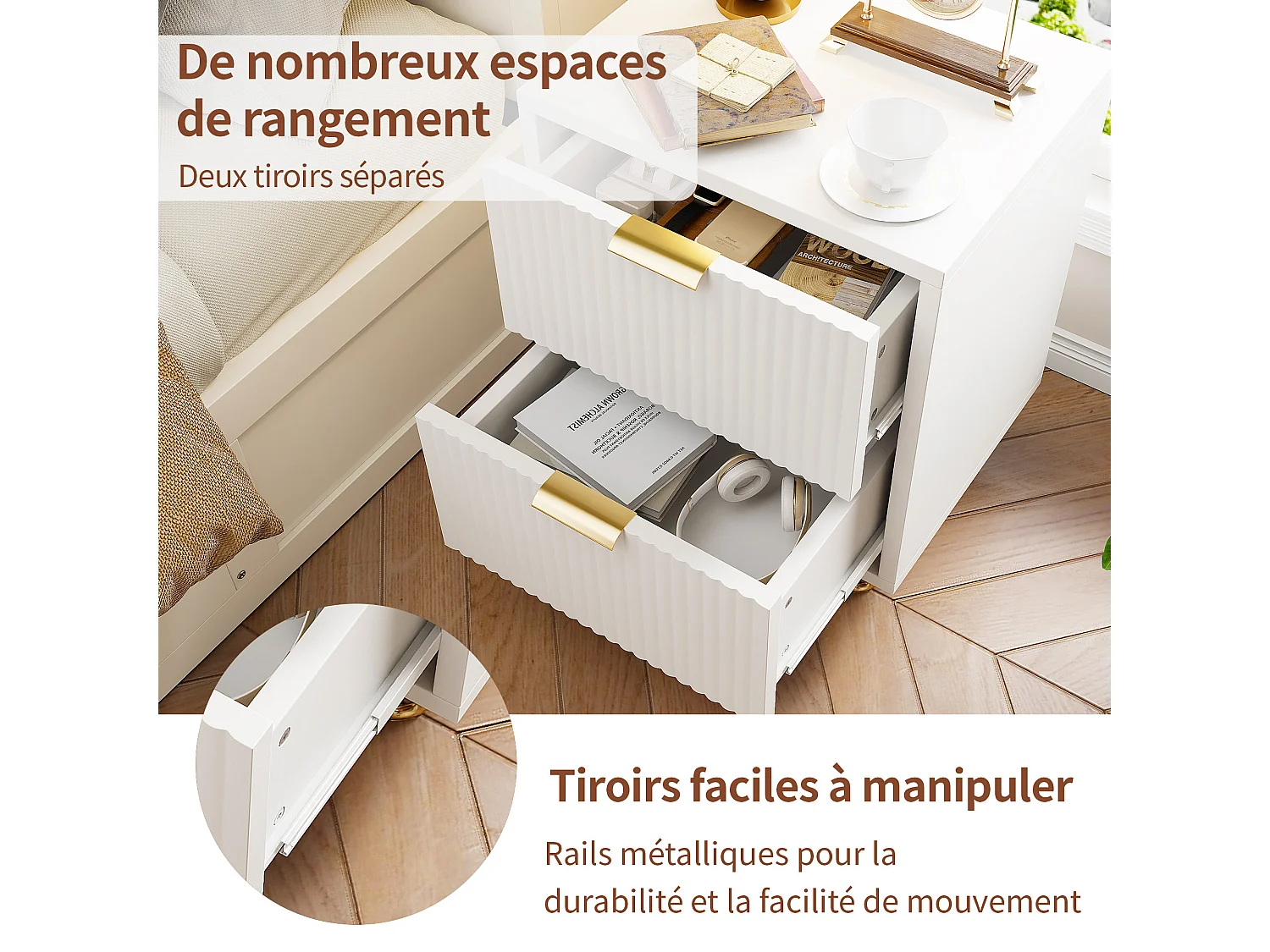 Juego de 2 mesitas de noche modernas de madera con 2 cajones para dormitorio y sala de estar.