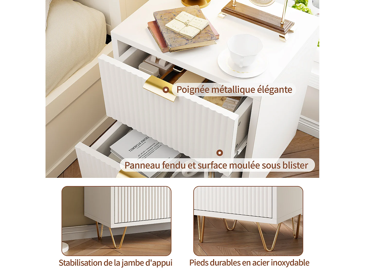 Juego de 2 mesitas de noche modernas de madera con 2 cajones para dormitorio y sala de estar.