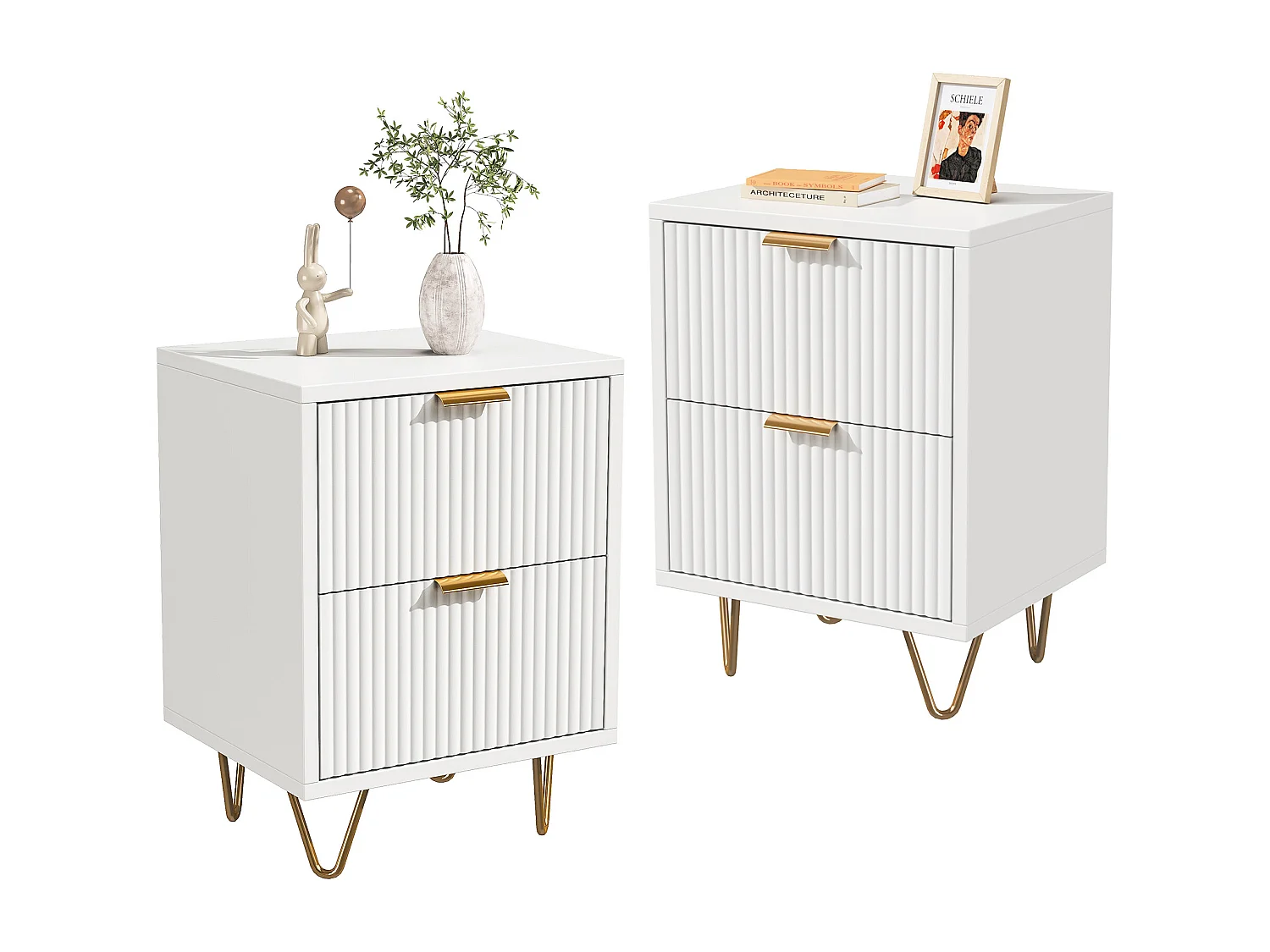 Juego de 2 mesitas de noche modernas de madera con 2 cajones para dormitorio y sala de estar.