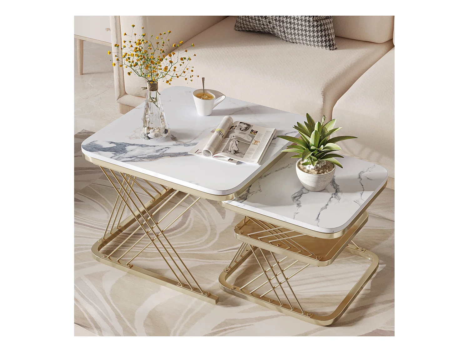 Lot de 2 Tables Basses gigognes, Carrées Table d'appoint, doré