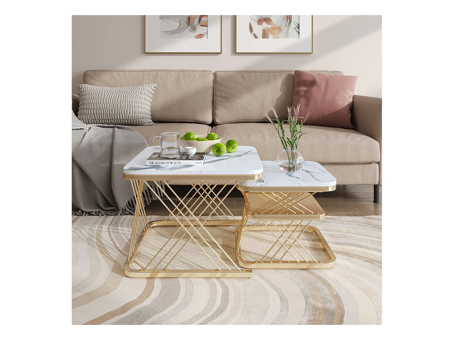 Lot de 2 Tables Basses gigognes, Carrées Table d'appoint, doré