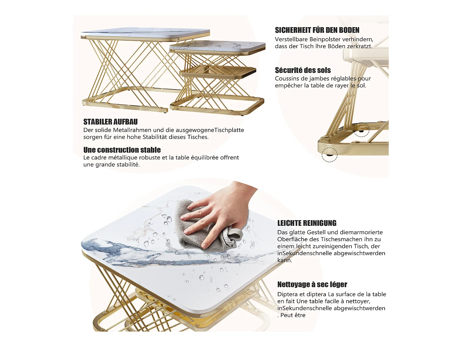 Lot de 2 Tables Basses gigognes, Carrées Table d'appoint, doré