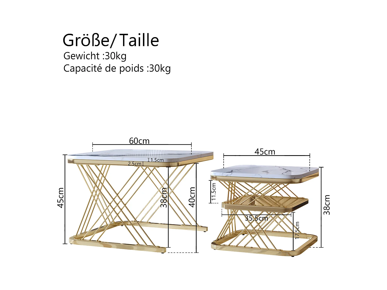 Lot de 2 Tables Basses gigognes, Carrées Table d'appoint, doré