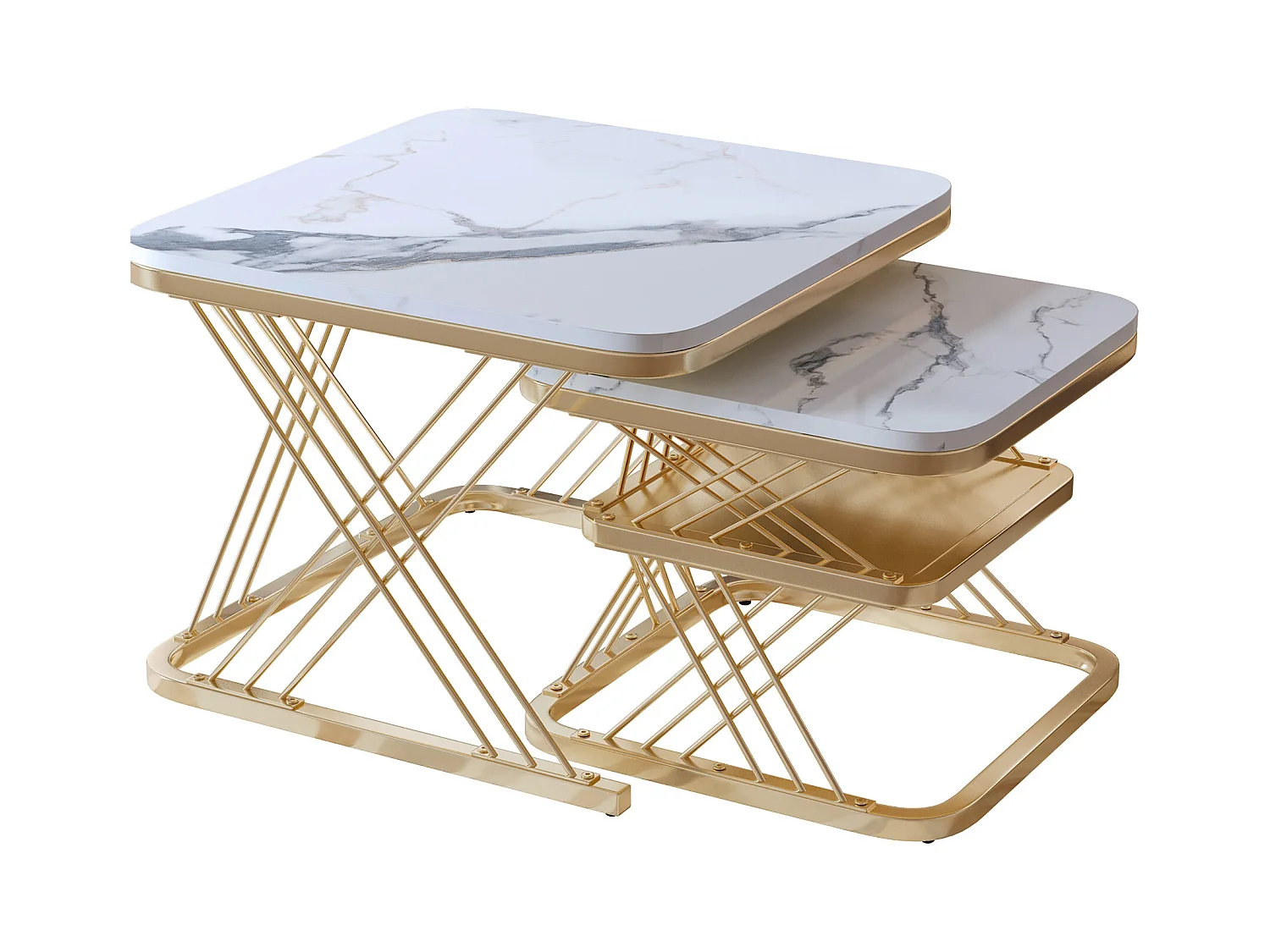 Lot de 2 Tables Basses gigognes, Carrées Table d'appoint, doré