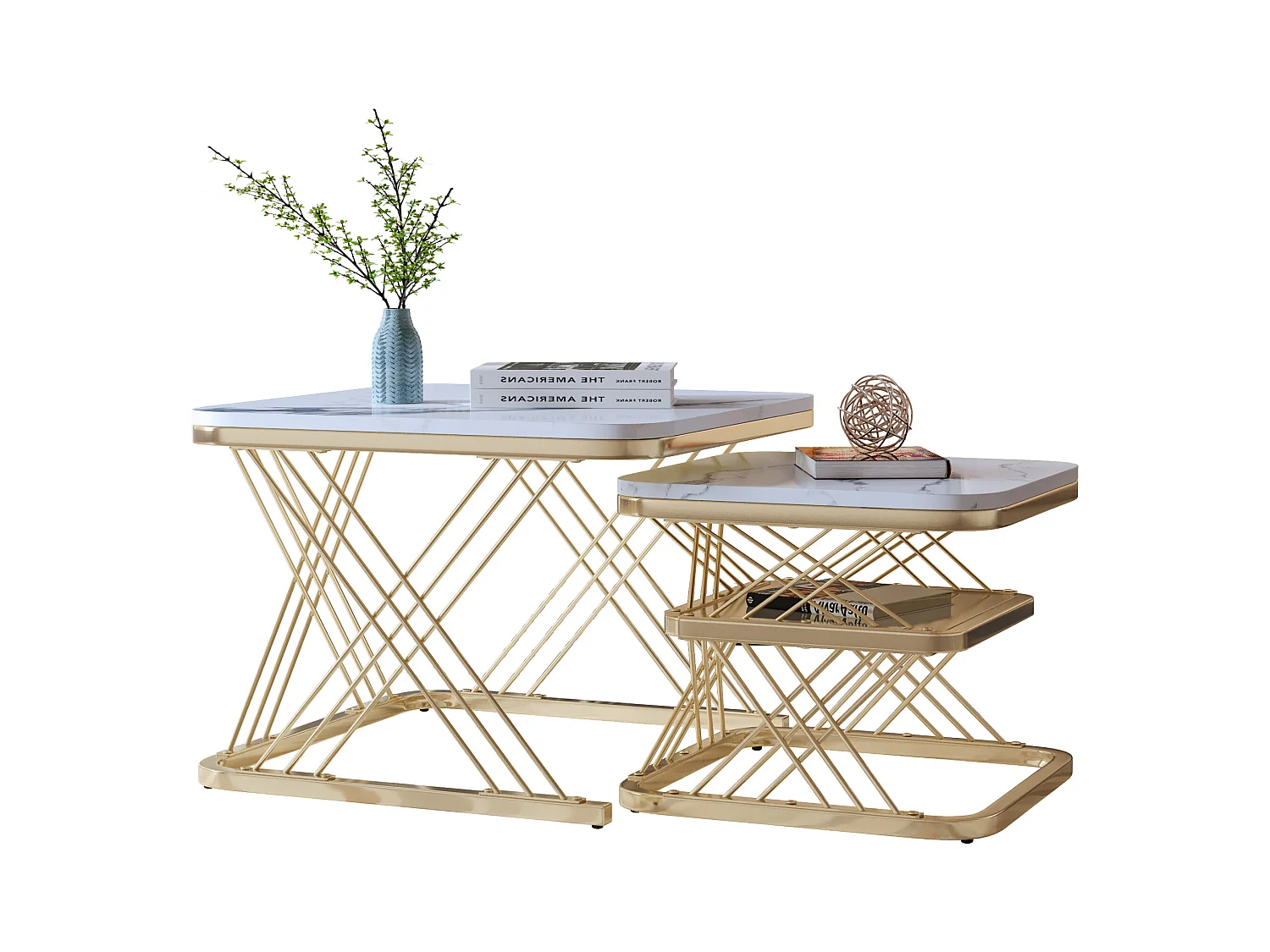 Lot de 2 Tables Basses gigognes, Carrées Table d'appoint, doré