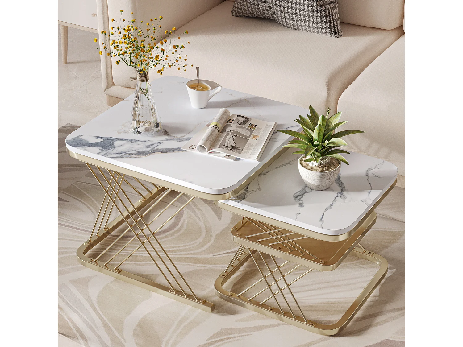 Lot de 2 Tables Basses gigognes, Carrées Table d'appoint, doré