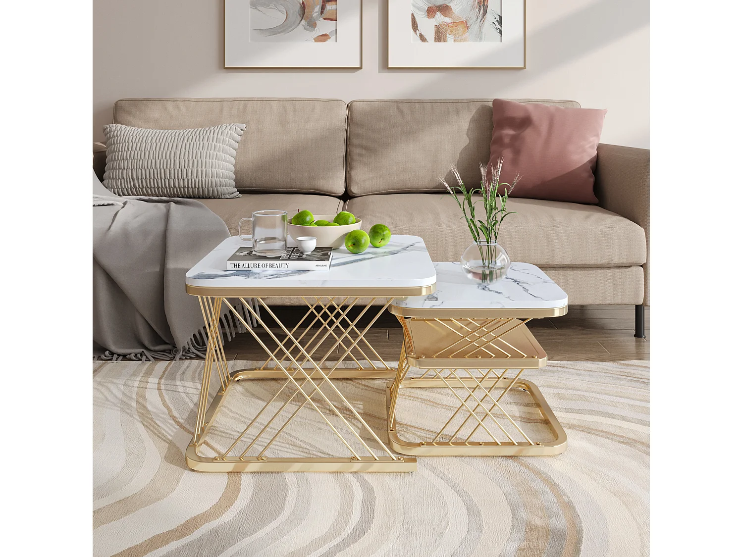 Lot de 2 Tables Basses gigognes, Carrées Table d'appoint, doré