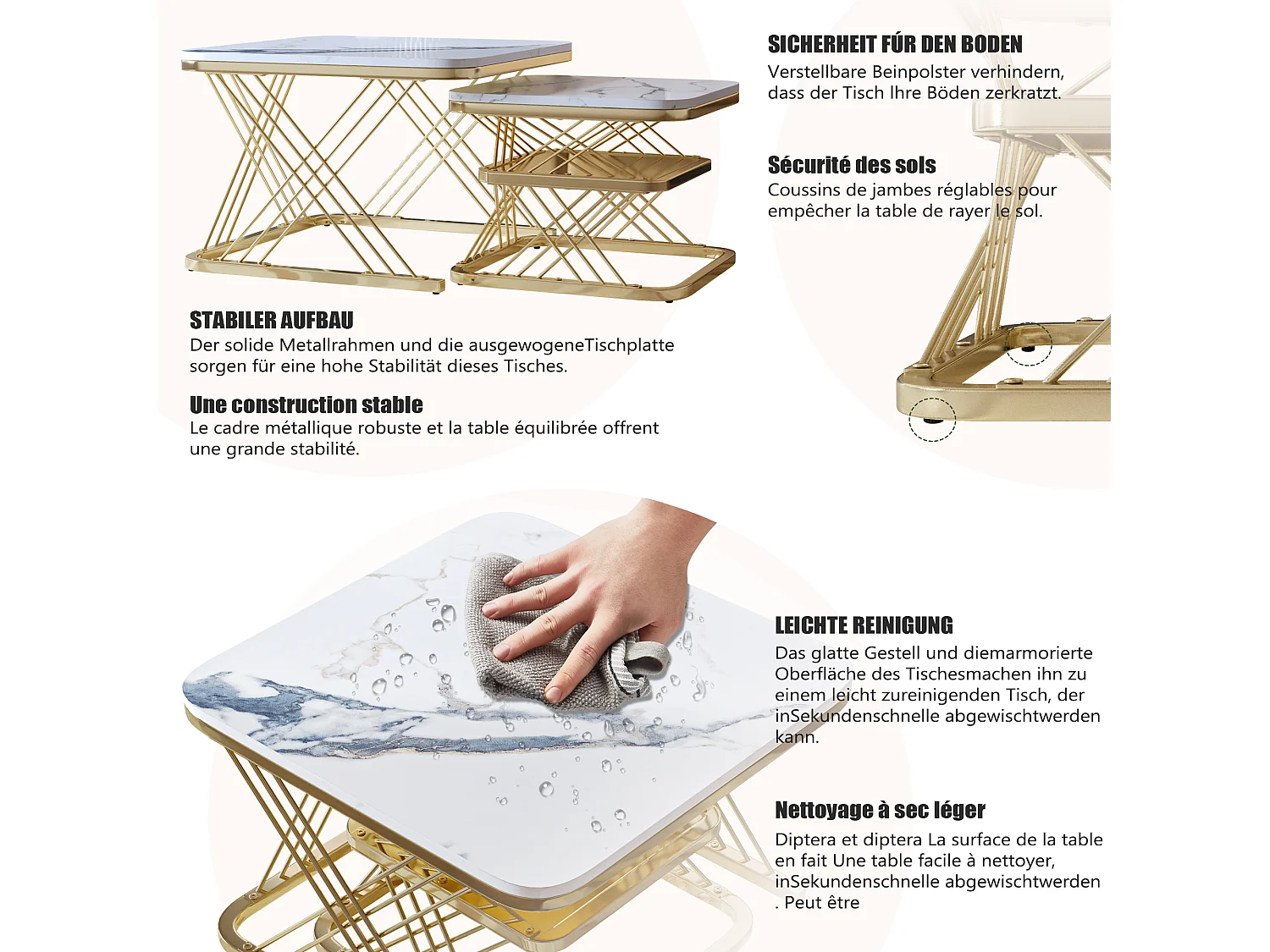 Lot de 2 Tables Basses gigognes, Carrées Table d'appoint, doré