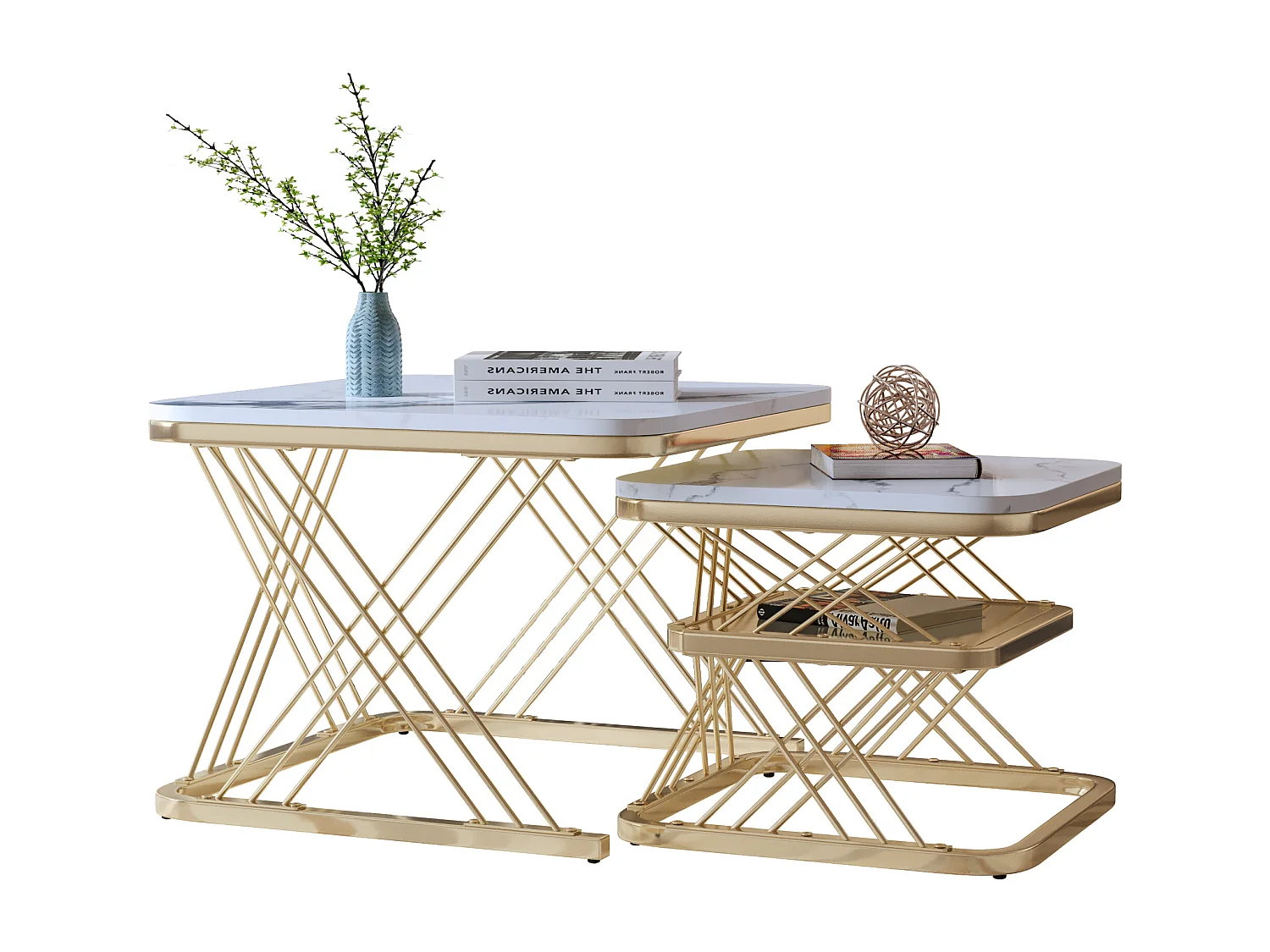 Lot de 2 Tables Basses gigognes, Carrées Table d'appoint, doré