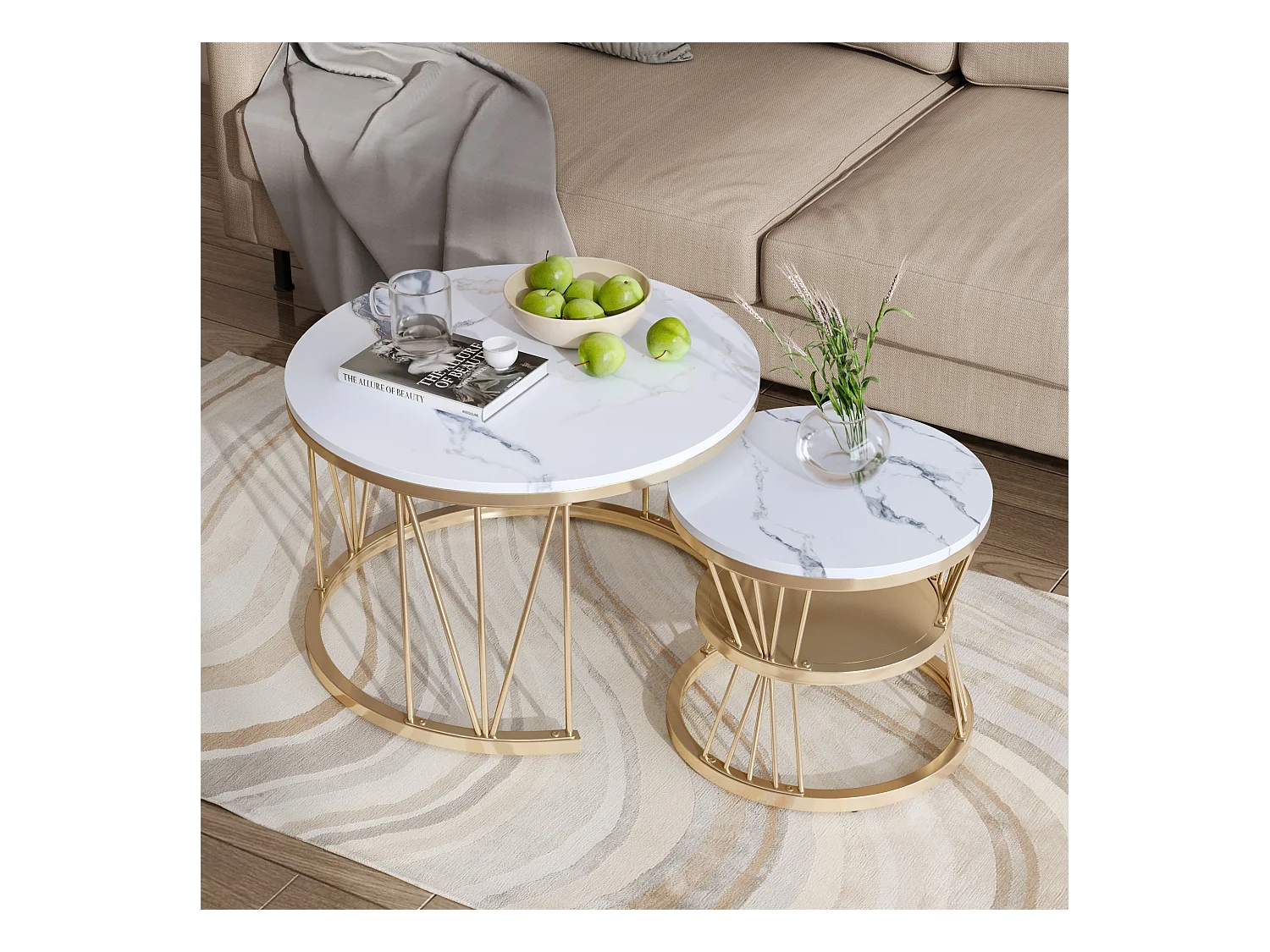 Table Basse Salon Gigogne, Placage en Marbre, Structure en Métal, Or et Blanc