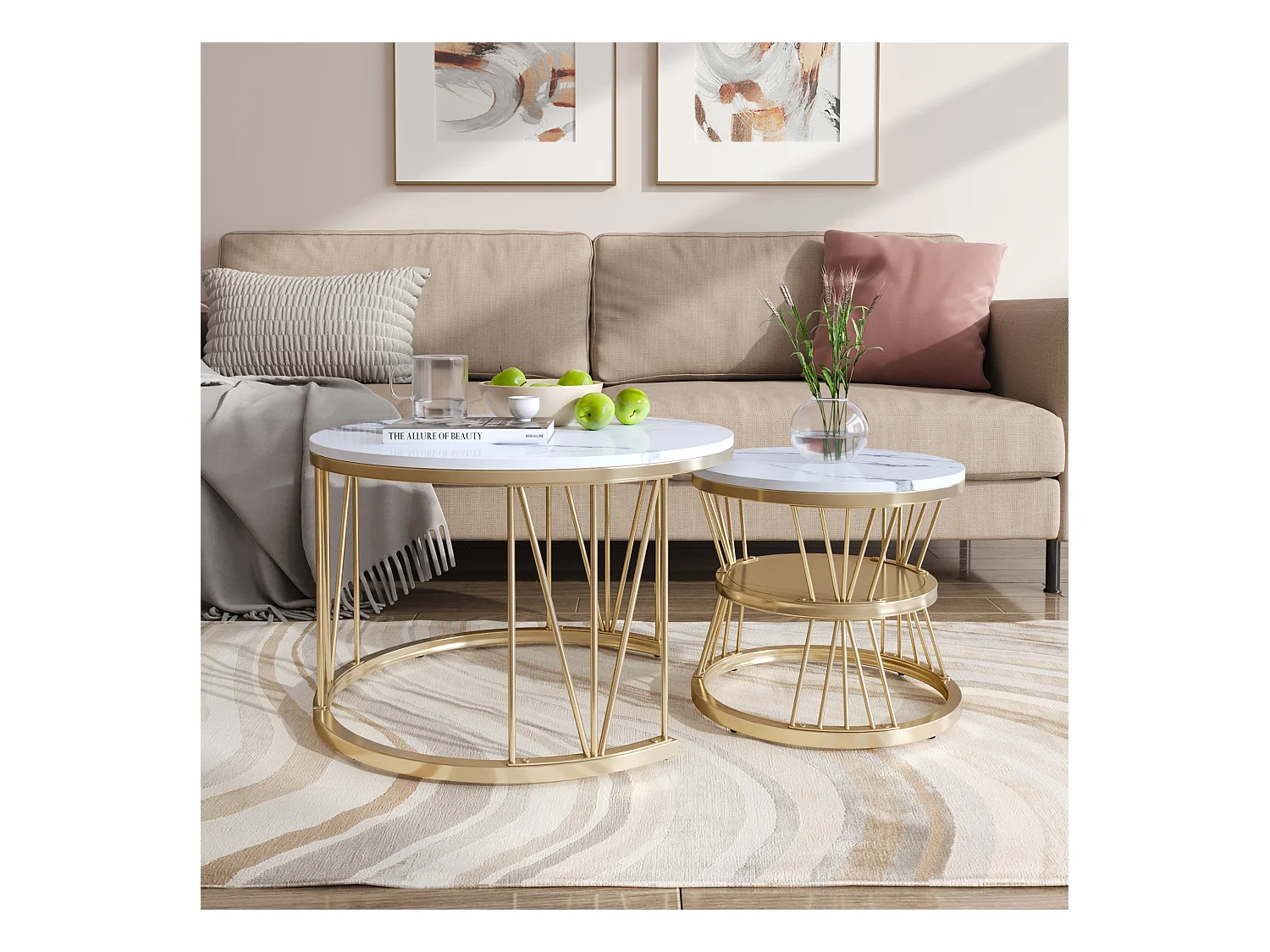 Table Basse Salon Gigogne, Placage en Marbre, Structure en Métal, Or et Blanc