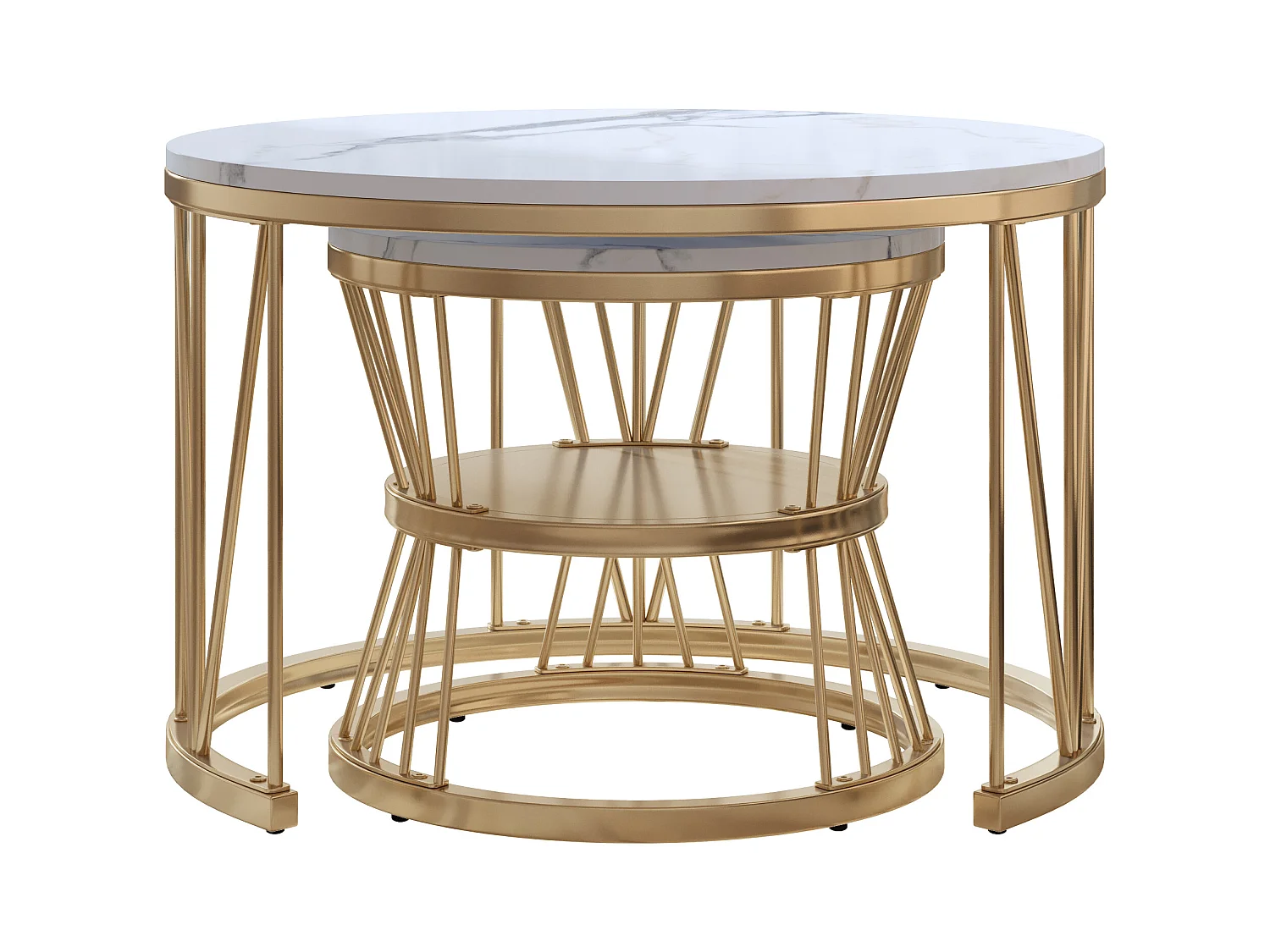 Table Basse Salon Gigogne, Placage en Marbre, Structure en Métal, Or et Blanc