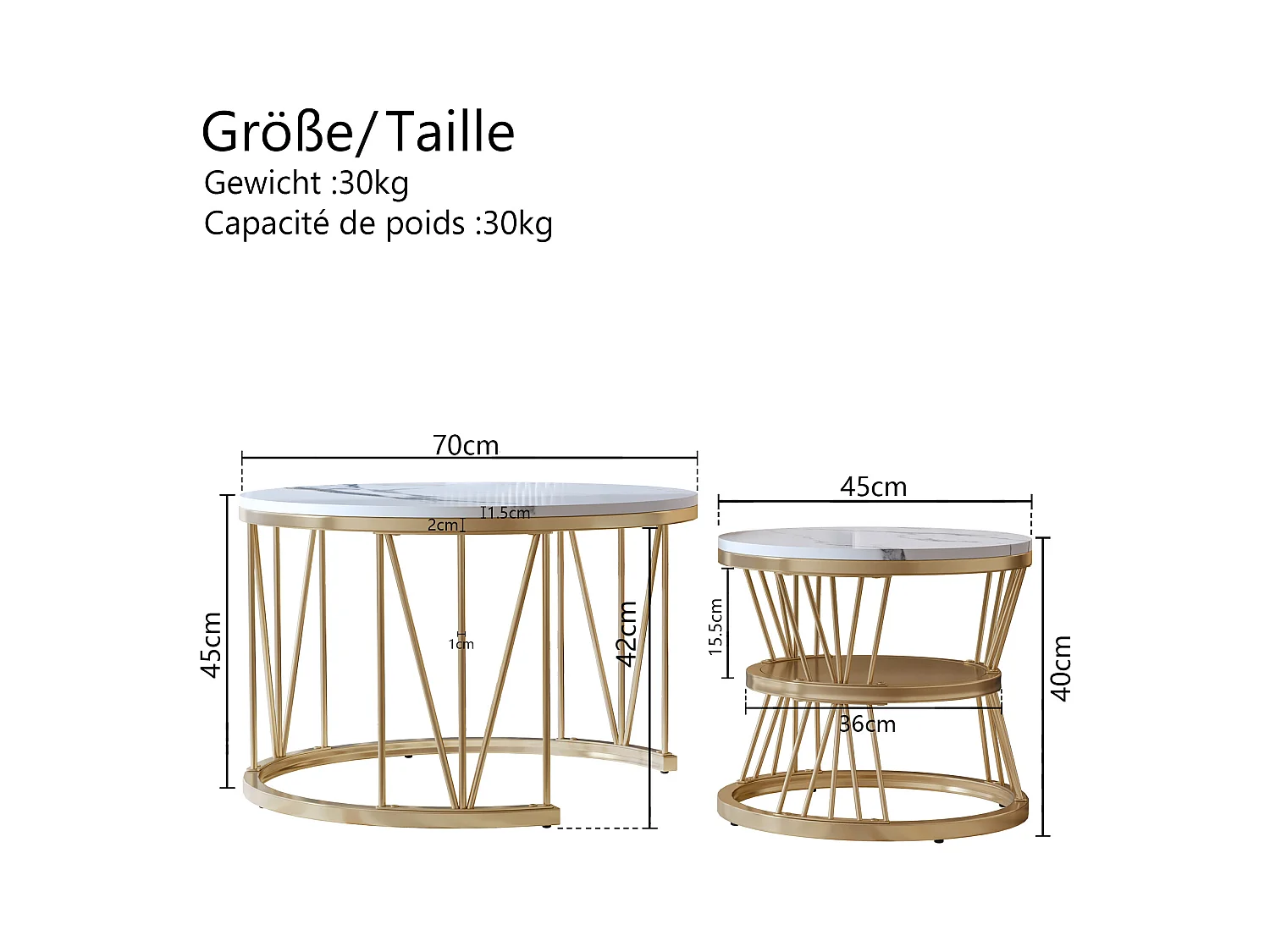 Table Basse Salon Gigogne, Placage en Marbre, Structure en Métal, Or et Blanc