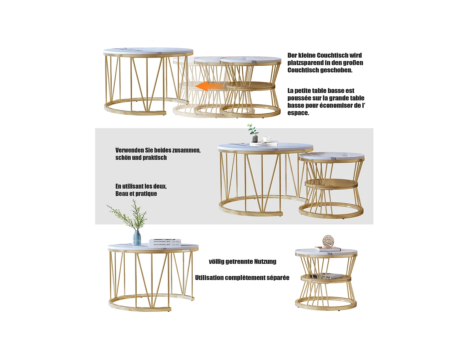 Table Basse Salon Gigogne, Placage en Marbre, Structure en Métal, Or et Blanc