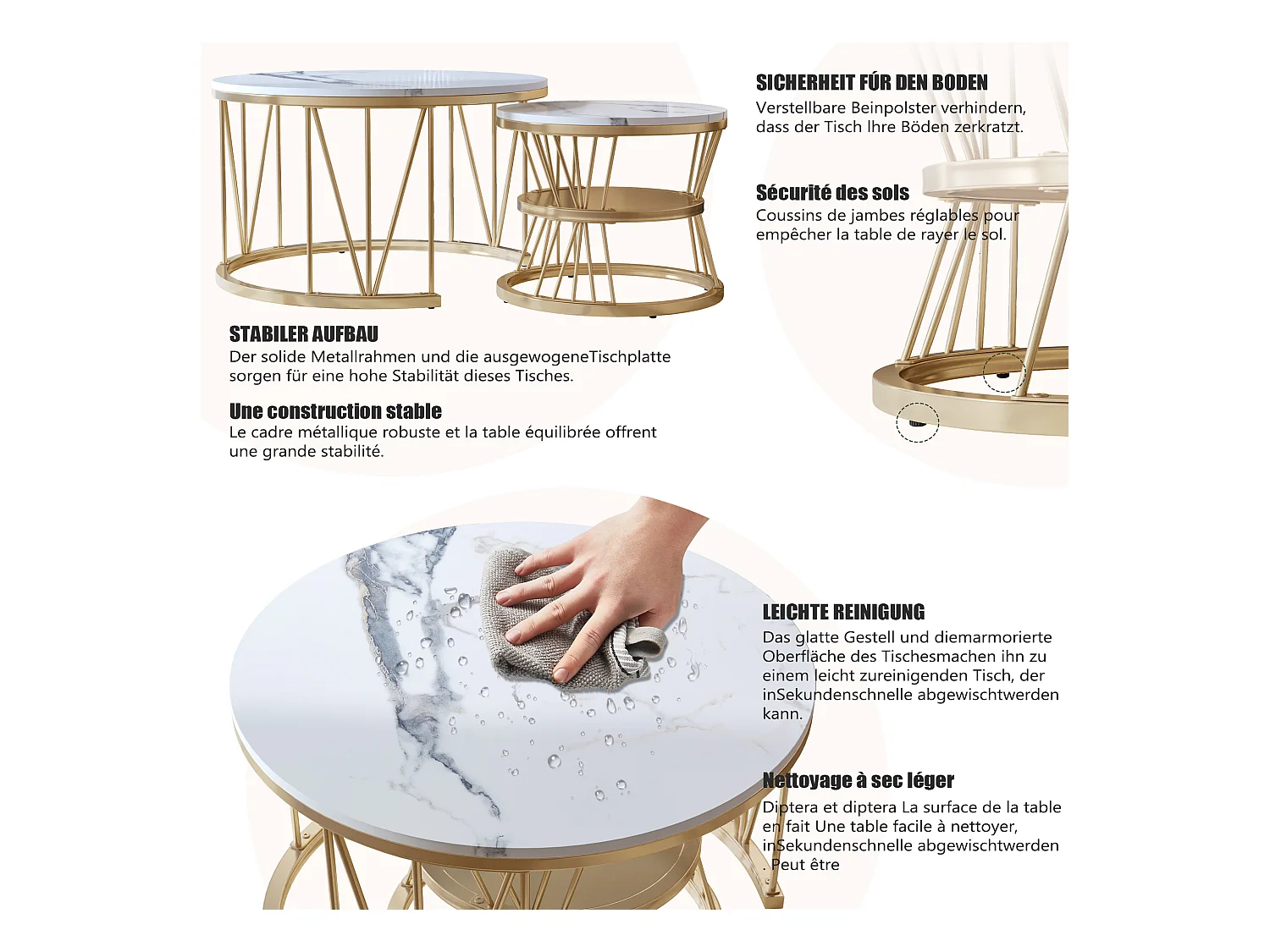 Table Basse Salon Gigogne, Placage en Marbre, Structure en Métal, Or et Blanc