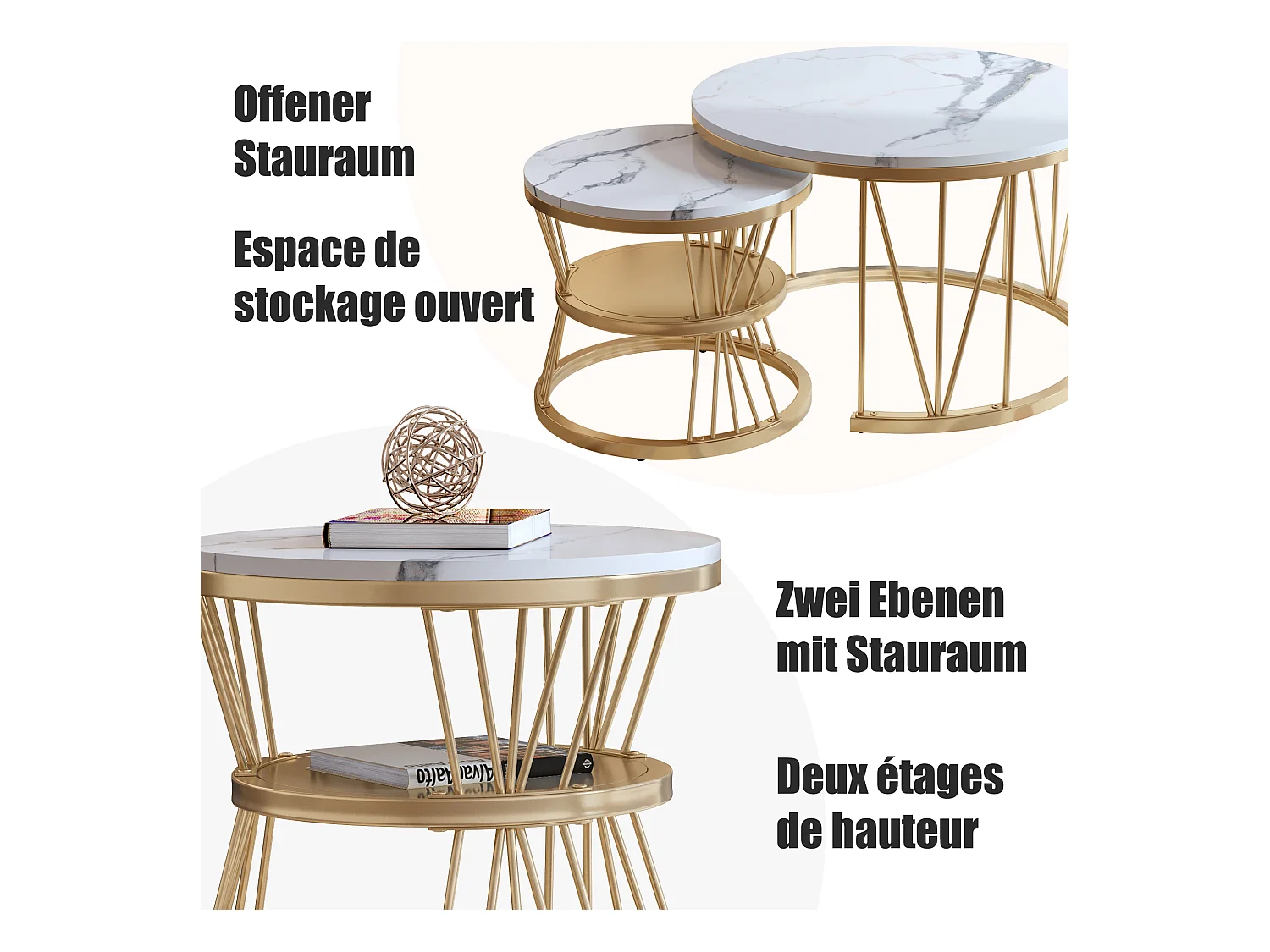 Table Basse Salon Gigogne, Placage en Marbre, Structure en Métal, Or et Blanc