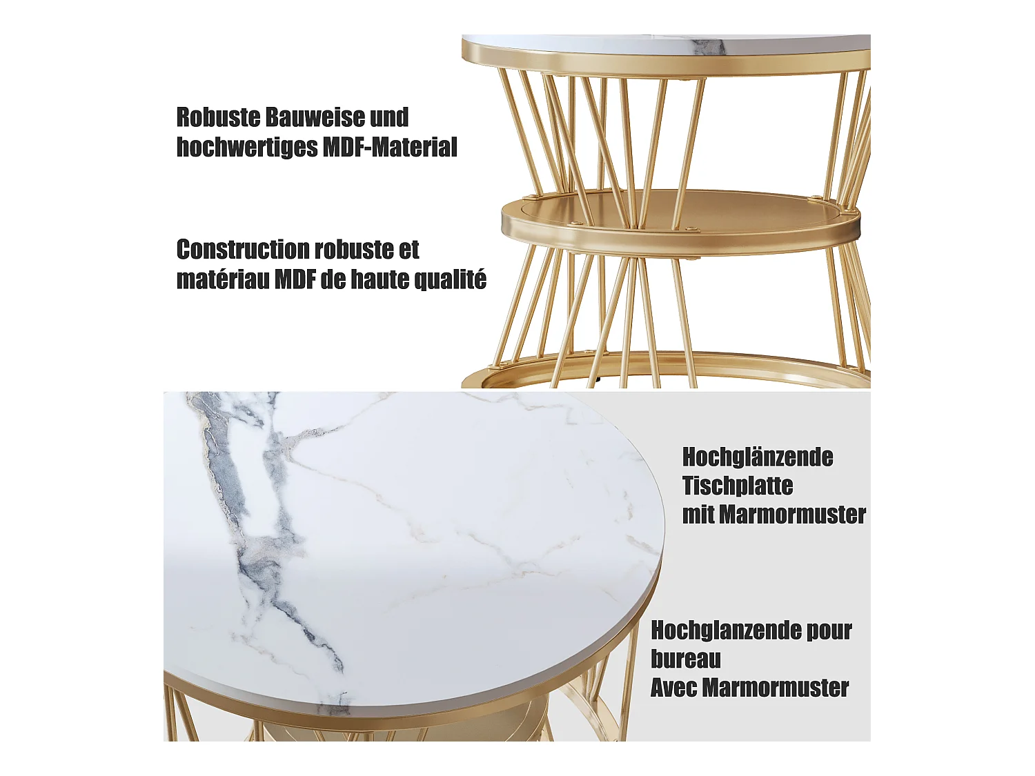 Table Basse Salon Gigogne, Placage en Marbre, Structure en Métal, Or et Blanc