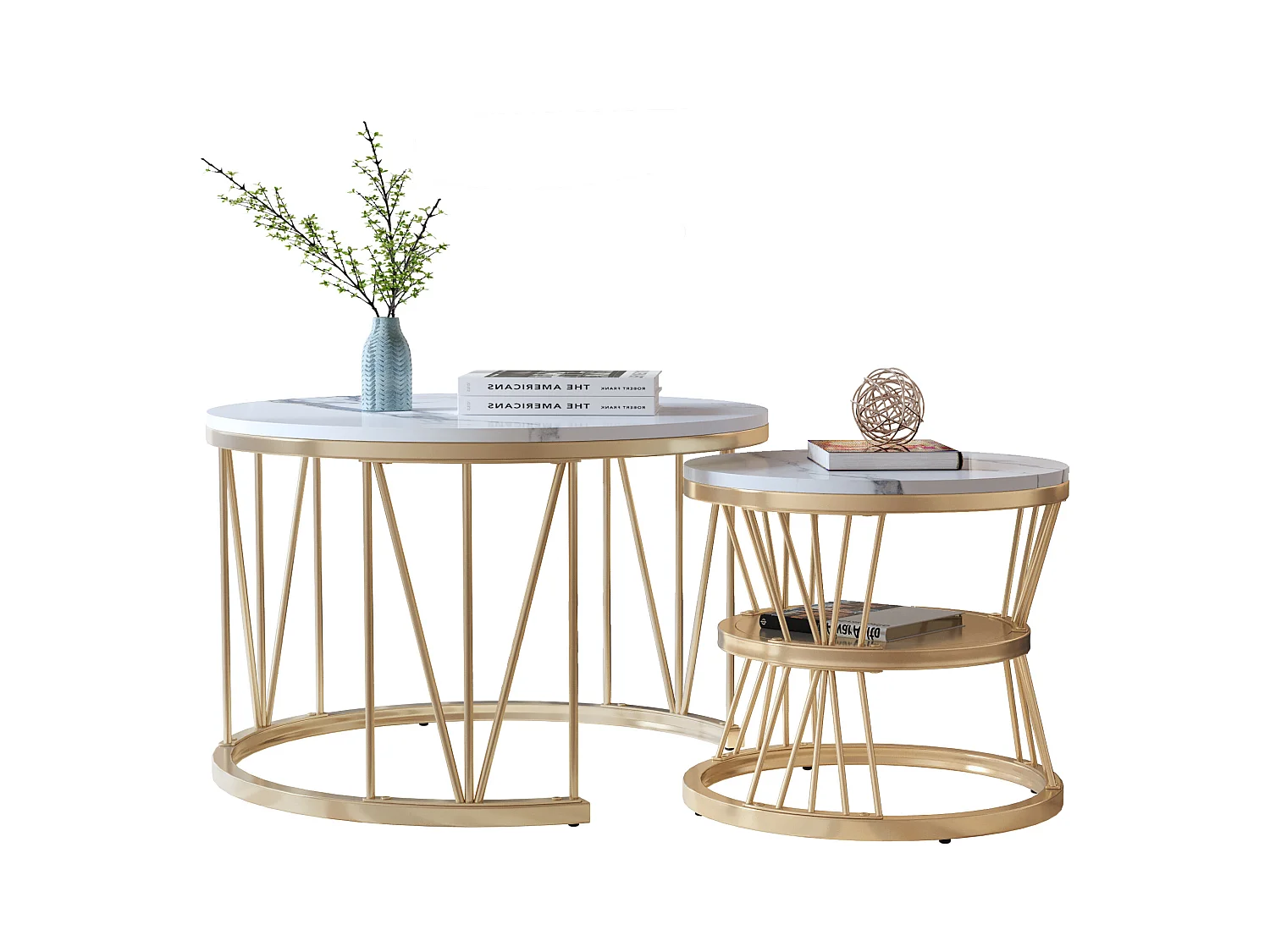 Table Basse Salon Gigogne, Placage en Marbre, Structure en Métal, Or et Blanc