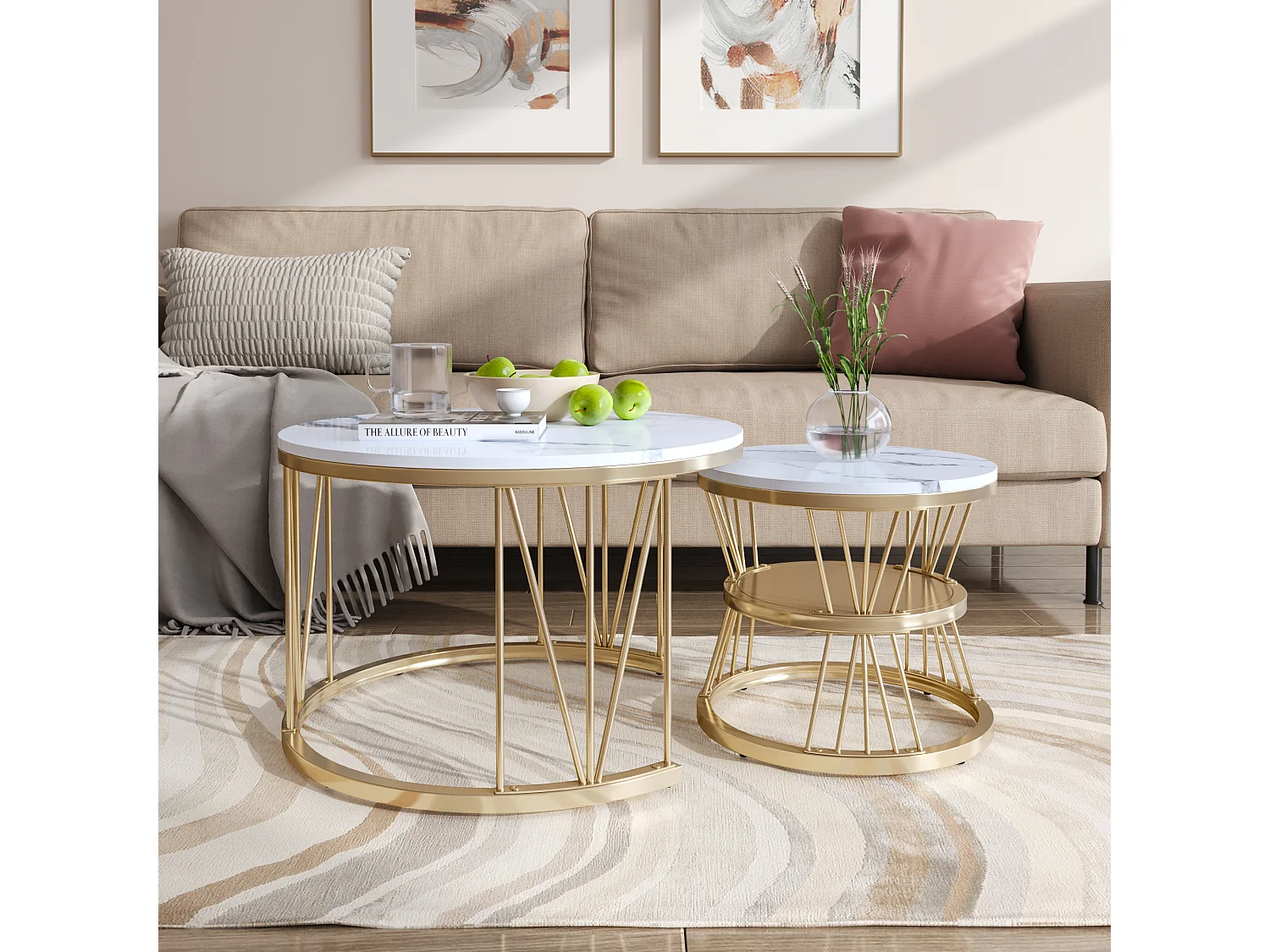 Table Basse Salon Gigogne, Placage en Marbre, Structure en Métal, Or et Blanc