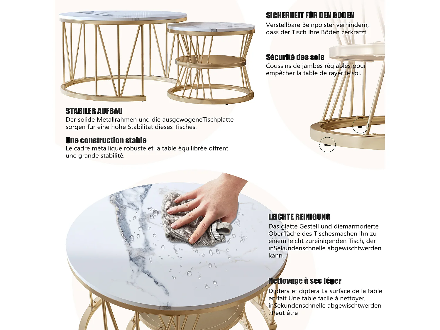 Table Basse Salon Gigogne, Placage en Marbre, Structure en Métal, Or et Blanc