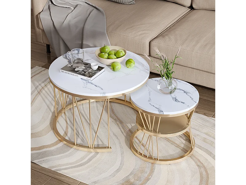Salontafel in nestelstand, marmerfineer, metalen frame, goud en wit