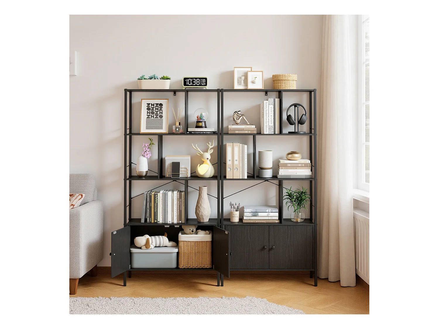 Bibliothèque 2 Portes Imitation Chêne Et Acier Noir