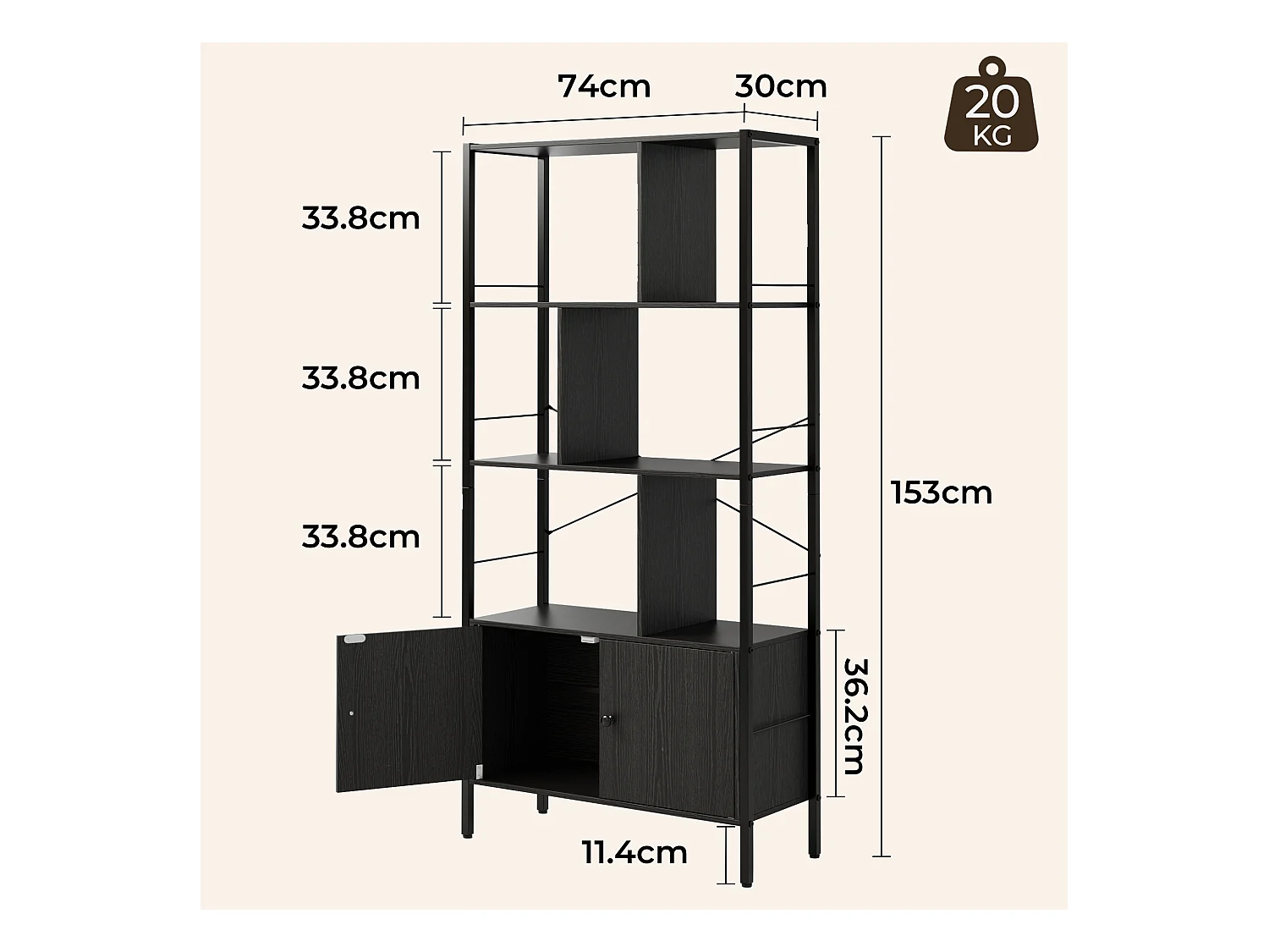 Bibliothèque 2 Portes Imitation Chêne Et Acier Noir