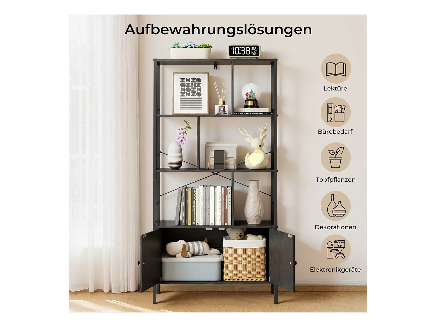 Bibliothèque 2 Portes Imitation Chêne Et Acier Noir