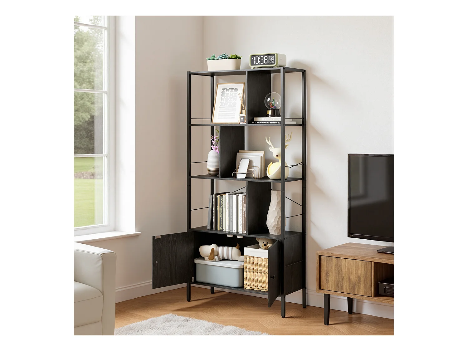 Bibliothèque 2 Portes Imitation Chêne Et Acier Noir