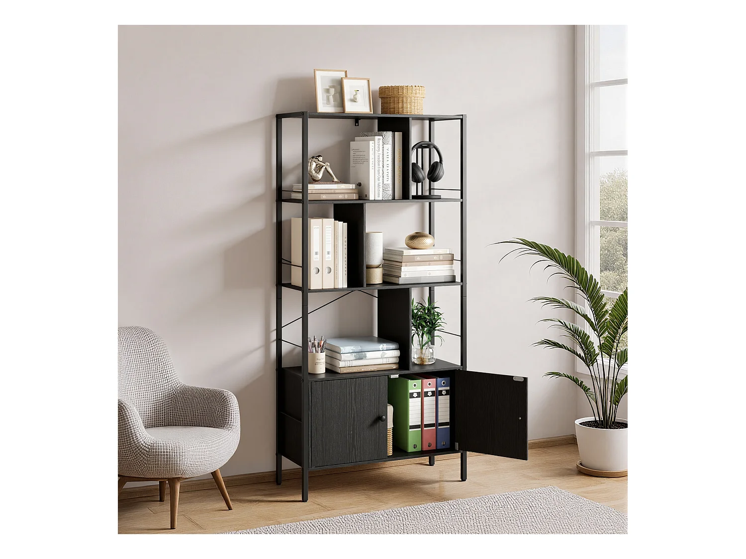 Bibliothèque 2 Portes Imitation Chêne Et Acier Noir