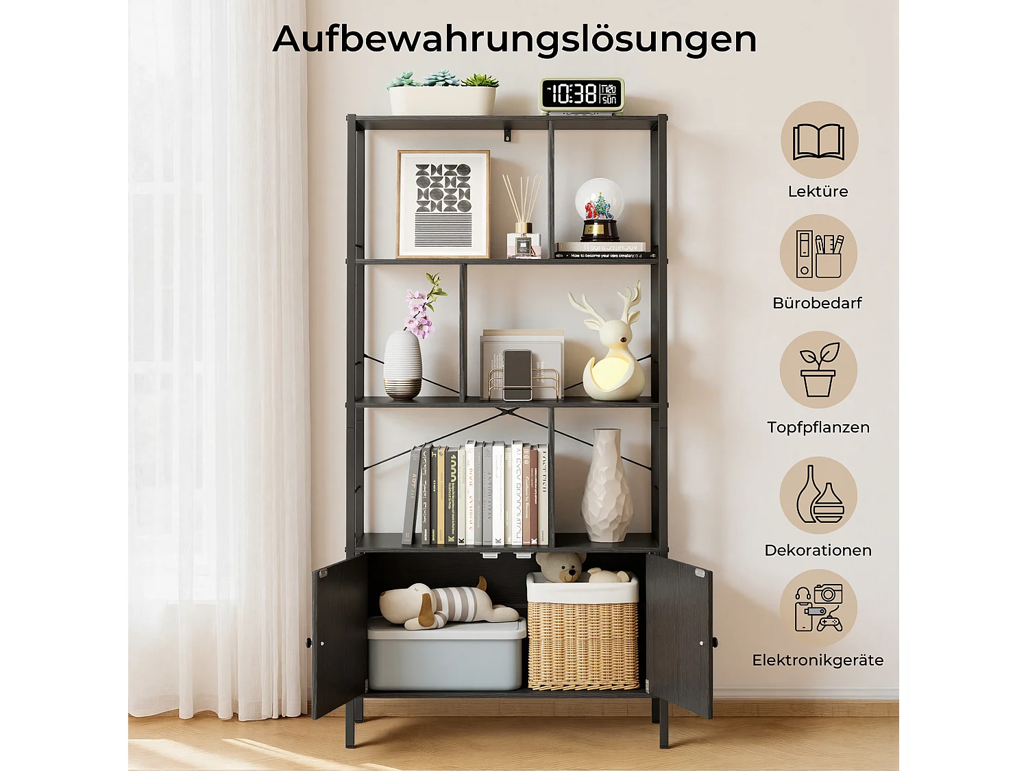 Bibliothèque 2 Portes Imitation Chêne Et Acier Noir