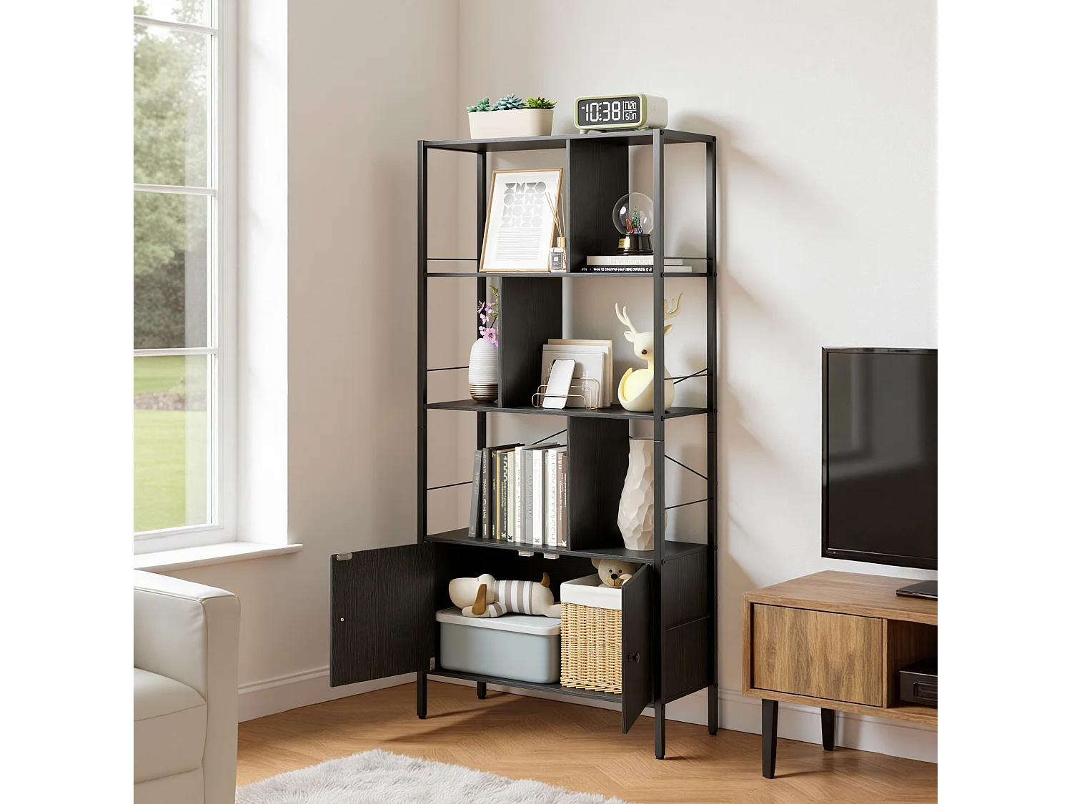 Boekenkast 2 Deuren Imitatie Eikenhout En Zwart Staal