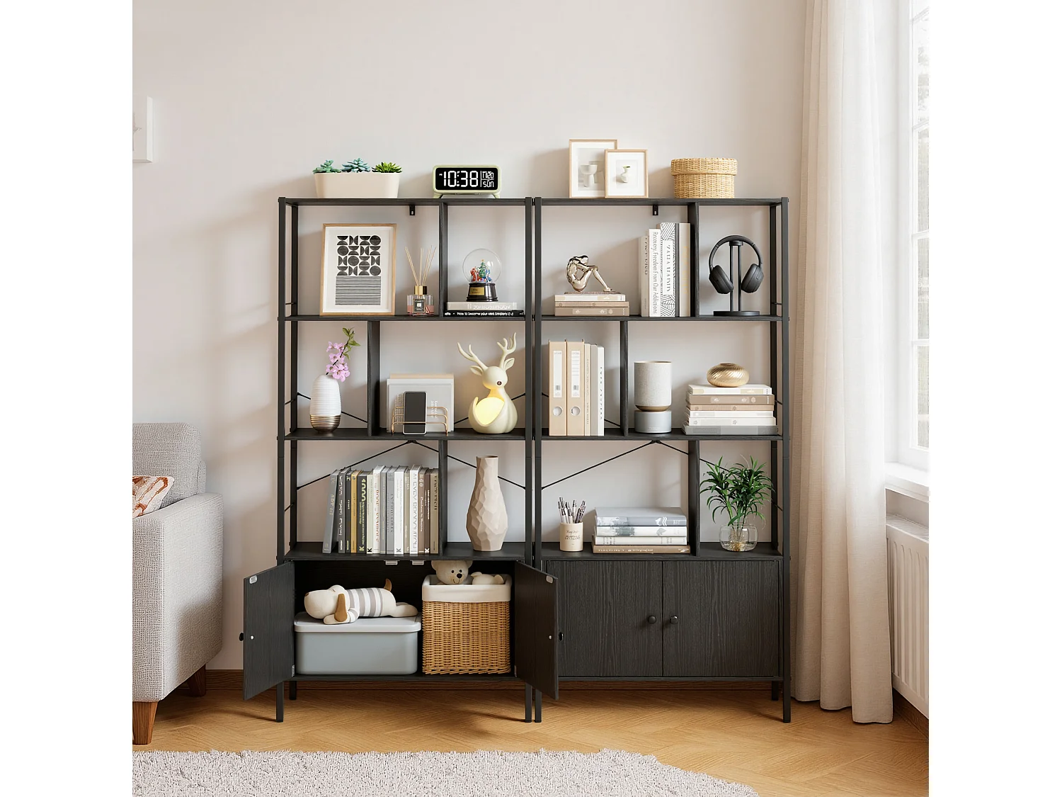 Boekenkast 2 Deuren Imitatie Eikenhout En Zwart Staal