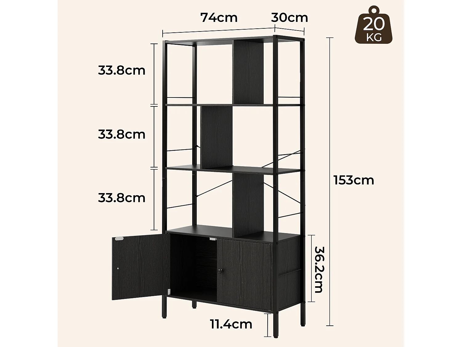 Boekenkast 2 Deuren Imitatie Eikenhout En Zwart Staal
