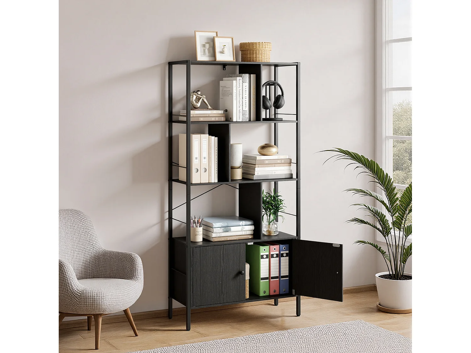 Boekenkast 2 Deuren Imitatie Eikenhout En Zwart Staal