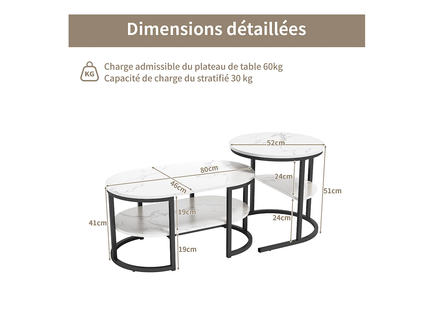 Tables Basses Gigognes Lot de 2, Table Gigogne Design Marbre, Cadre en Métal Noir