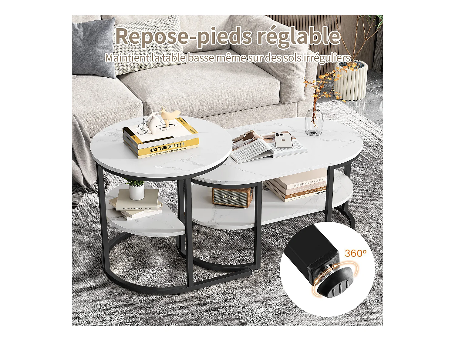 Tables Basses Gigognes Lot de 2, Table Gigogne Design Marbre, Cadre en Métal Noir