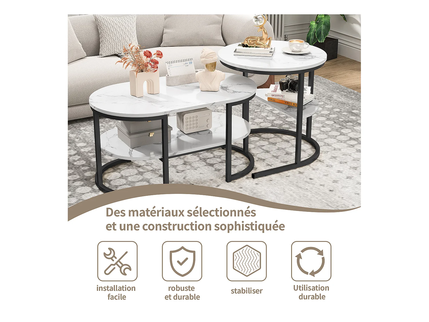 Tables Basses Gigognes Lot de 2, Table Gigogne Design Marbre, Cadre en Métal Noir