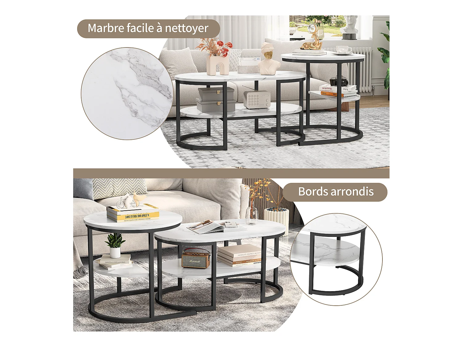 Tables Basses Gigognes Lot de 2, Table Gigogne Design Marbre, Cadre en Métal Noir