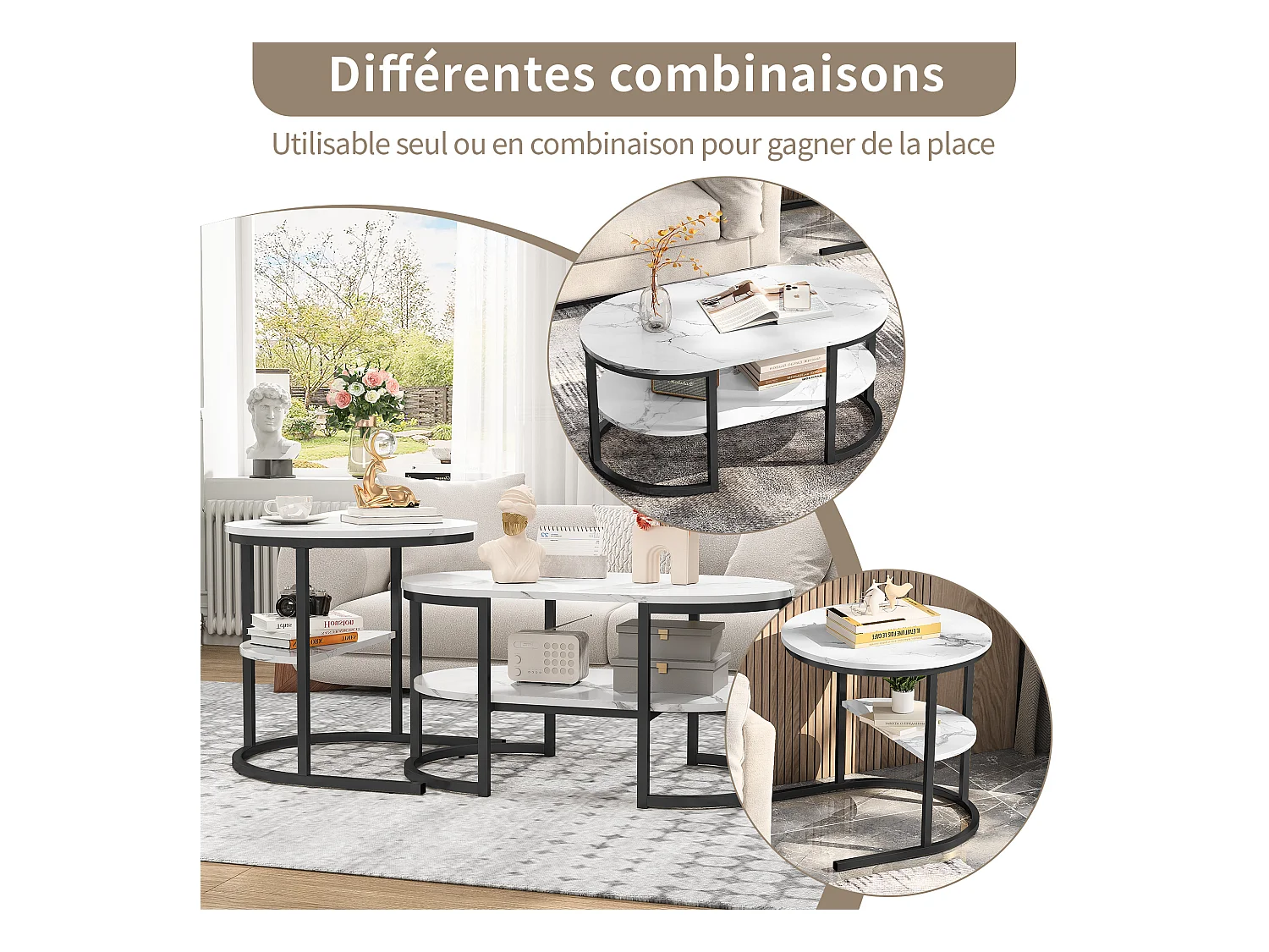 Tables Basses Gigognes Lot de 2, Table Gigogne Design Marbre, Cadre en Métal Noir