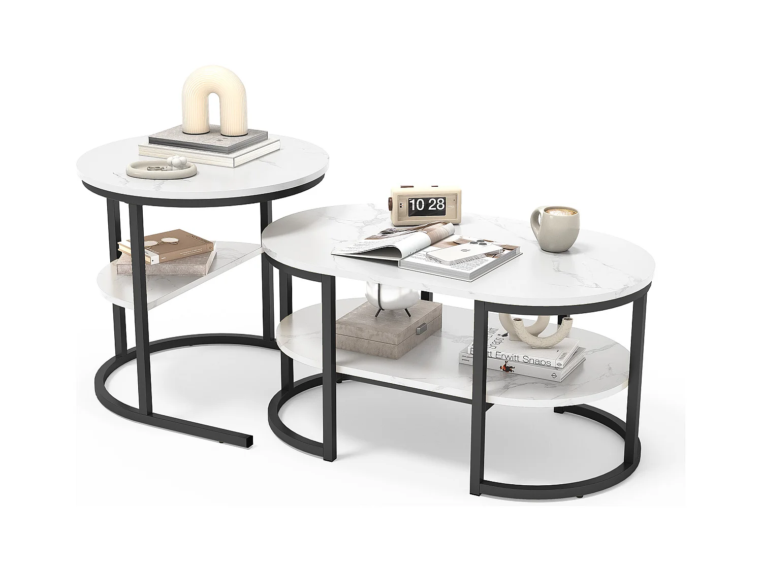 Tables Basses Gigognes Lot de 2, Table Gigogne Design Marbre, Cadre en Métal Noir