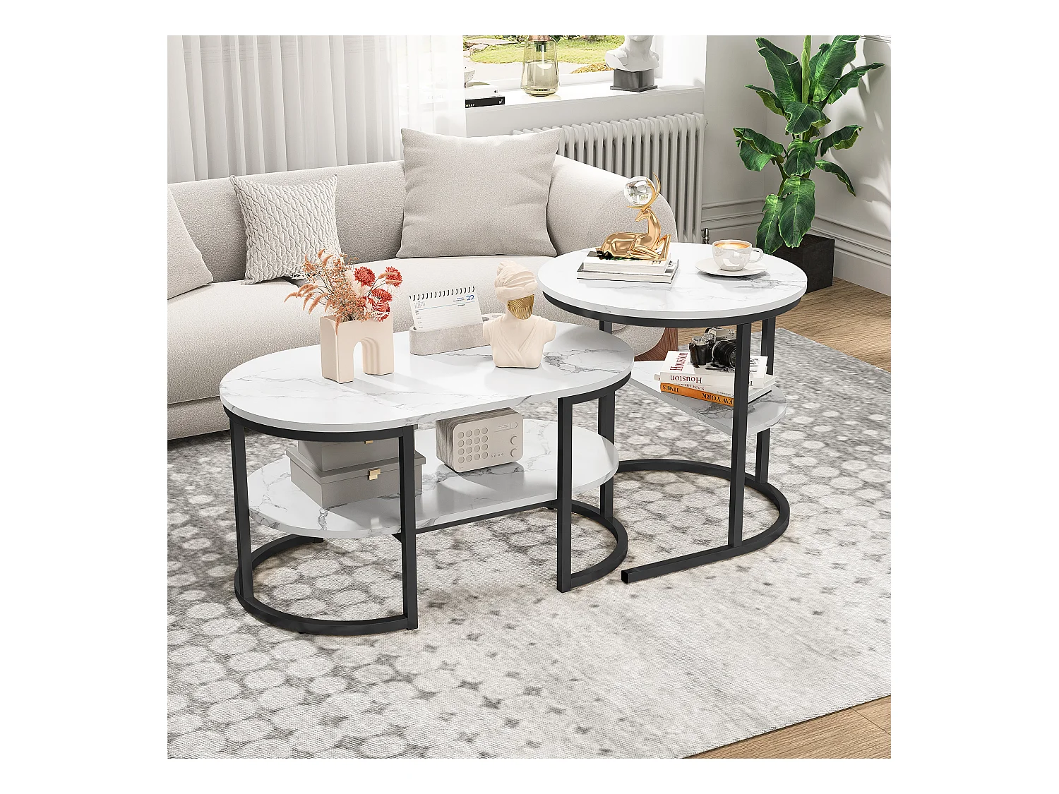 Set van 2 bijzettafels met marmerdesign, bijzettafel met zwart metalen frame
