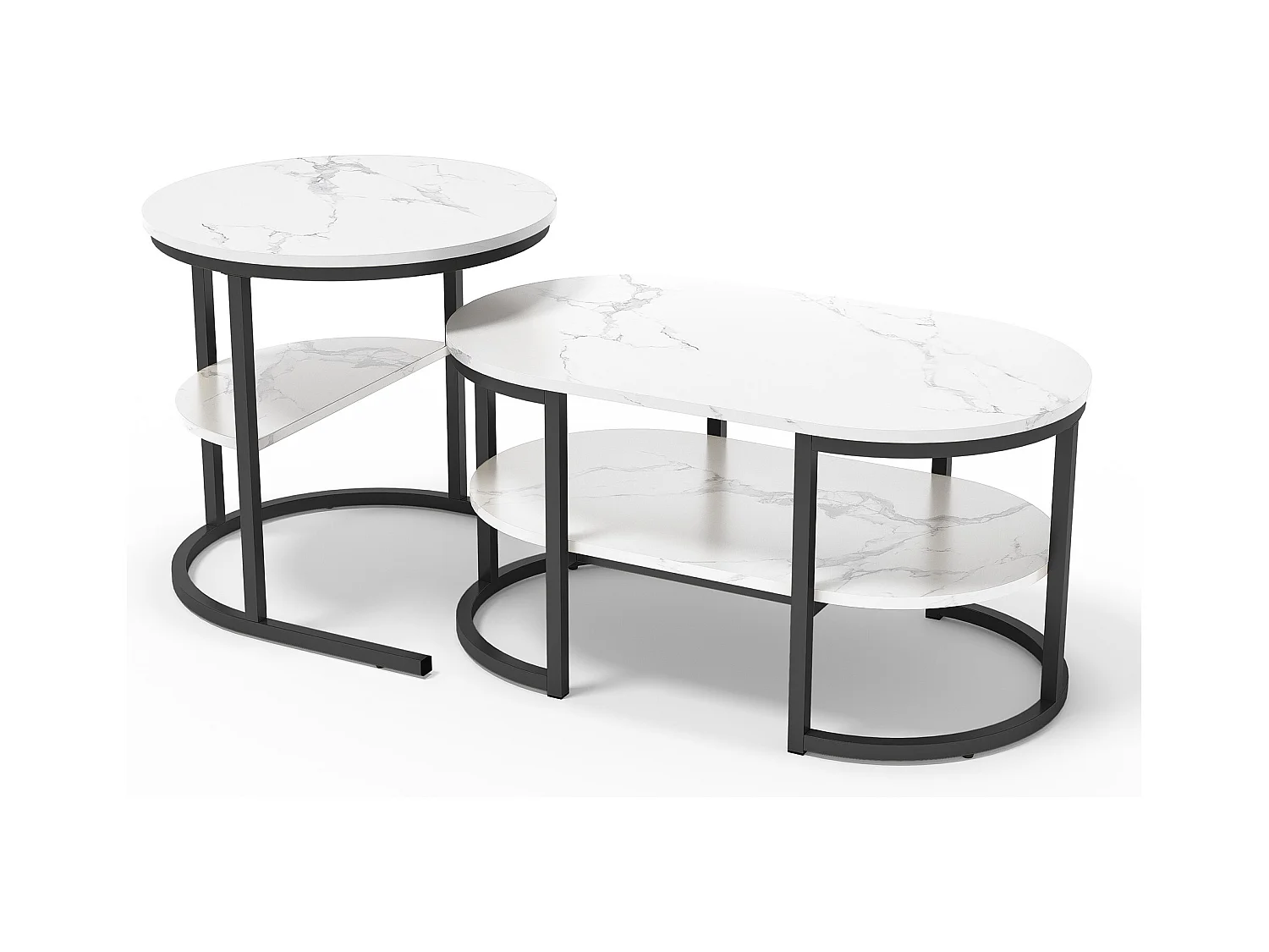 Satztische, 2er-Set, Satztisch im Marmordesign, schwarzer Metallrahmen