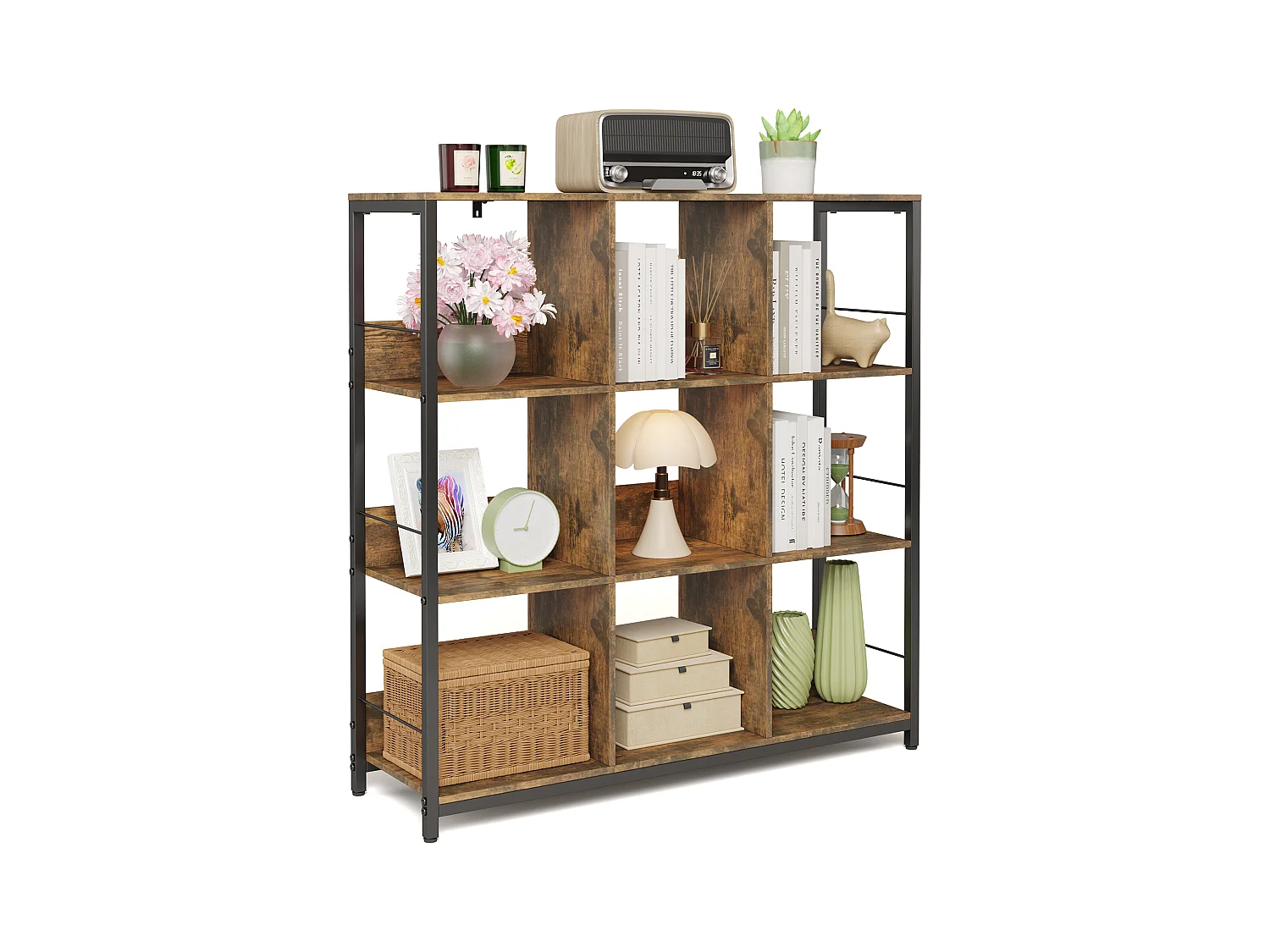 Bibliothèque Séparation 9 Cases Imitation Chêne Et Acier Marron