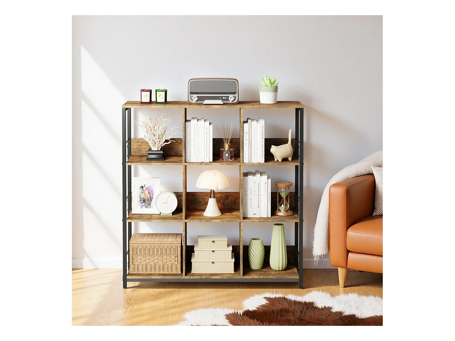 Bibliothèque Séparation 9 Cases Imitation Chêne Et Acier Marron