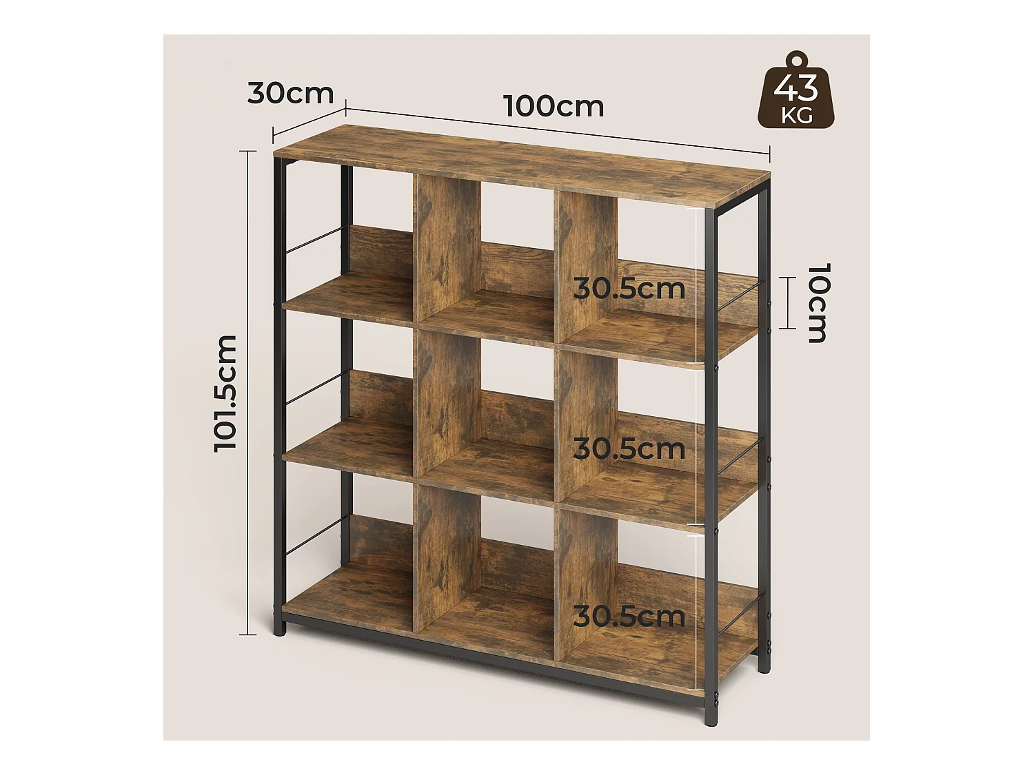 Bibliothèque Séparation 9 Cases Imitation Chêne Et Acier Marron