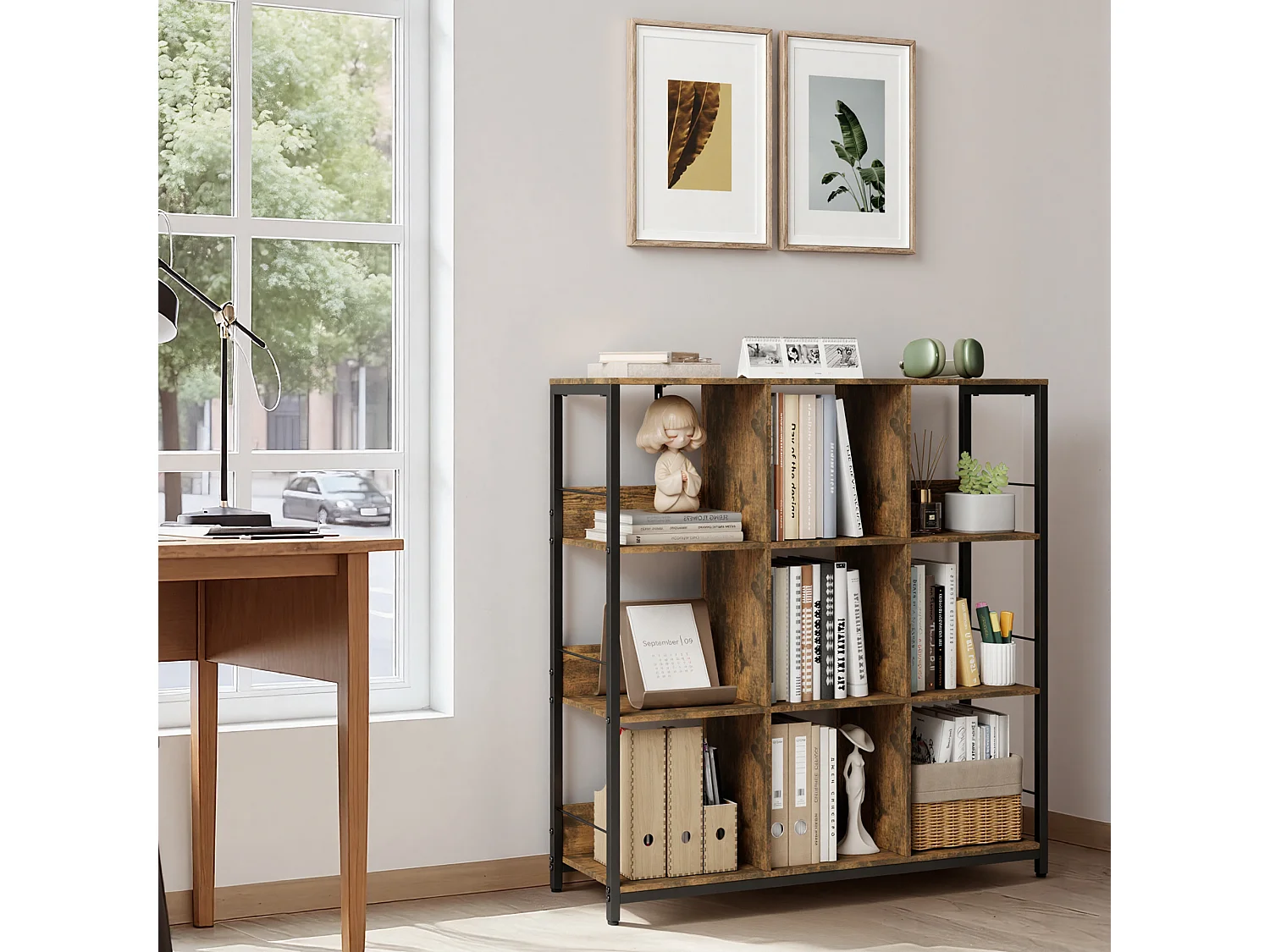 Bibliothèque Séparation 9 Cases Imitation Chêne Et Acier Marron