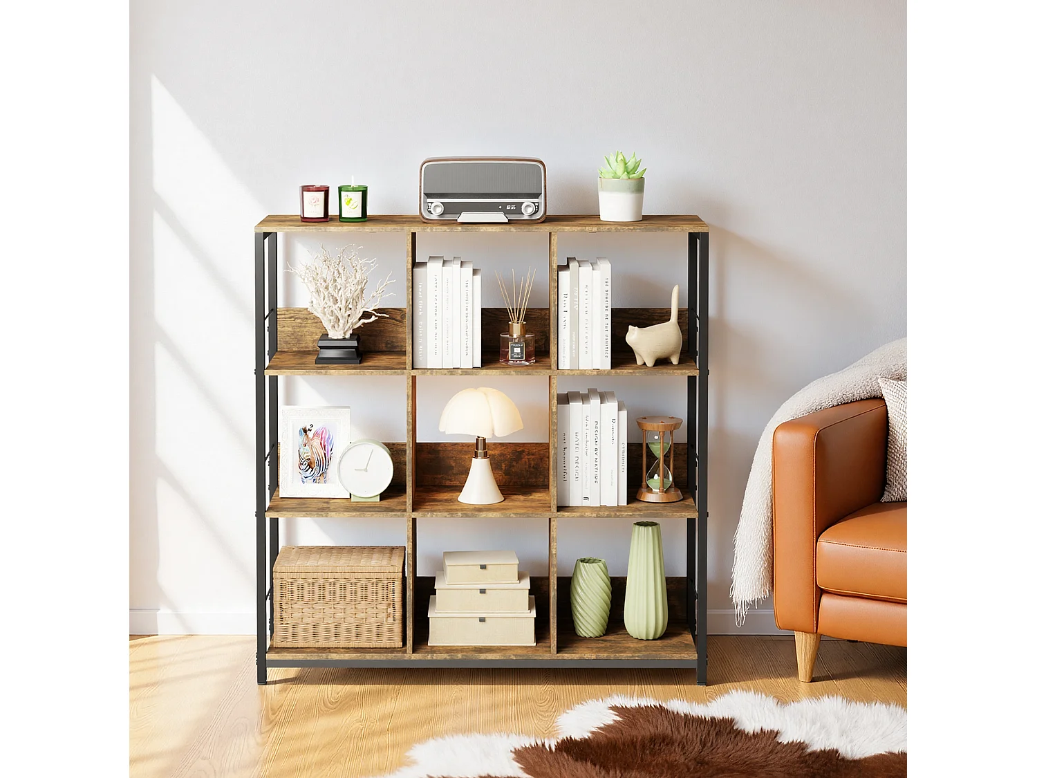 Bibliothèque Séparation 9 Cases Imitation Chêne Et Acier Marron